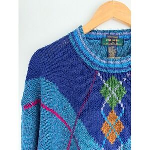 VTG Colours by Alexander Julian Argyle Sweater Mens L 90s Multicolor Linen Blend